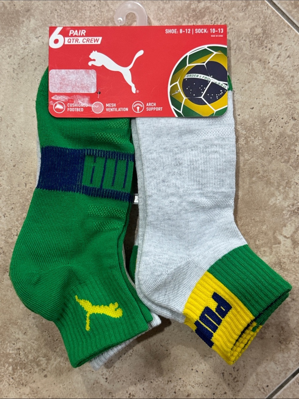 PUMA Men's Brazil Quarter Crew Socks - Green & White (6-Pack) NEW